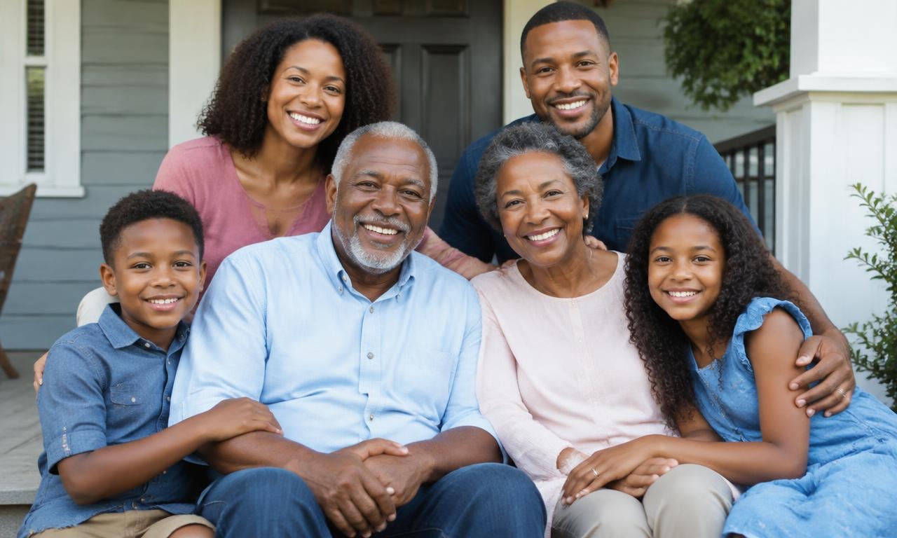 A multigenerational family of six together on the steps of their home